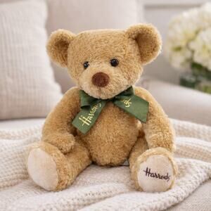Harrods Knightsbridge Teddy Bear Plush 9” Tan Stuffed Animal Ribbon Logo